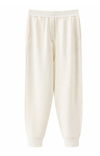 Ivory white wool ribbed knit jogger pants with elastic waistband and cuffed hem