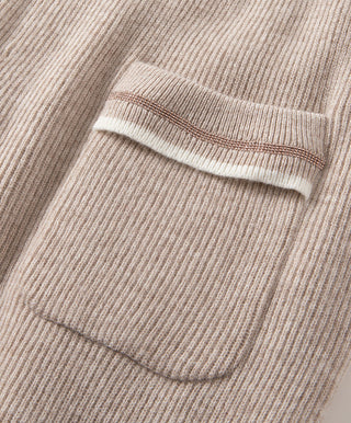 Camel wool ribbed knit jogger pants with pocket opening and ribbed waistband trim