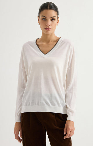 White wool fine-knit V-neck sweater with relaxed fit and long sleeves