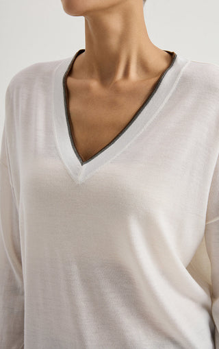 White wool fine-knit V-neck sweater close-up of V-neck trim
