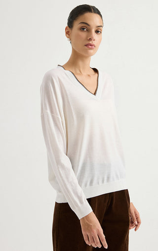White wool fine-knit V-neck sweater with long sleeves and ribbed hem