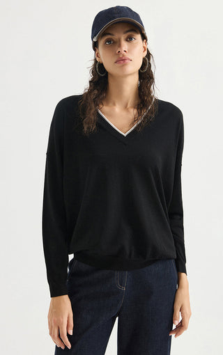 Black wool fine-knit V-neck sweater with long sleeves and wide neckline