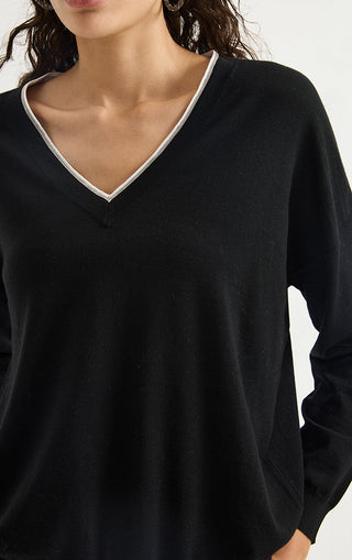 Black wool fine-knit V-neck sweater close-up with contrast trim around neckline