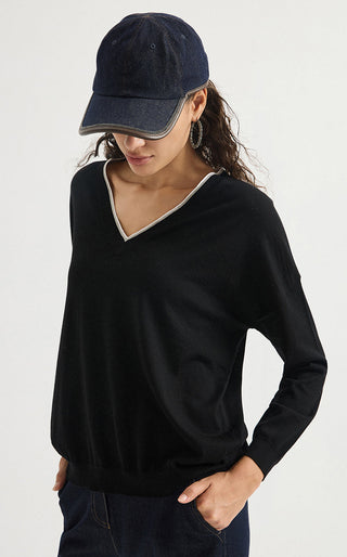 Black wool fine-knit V-neck sweater with long sleeves, side view