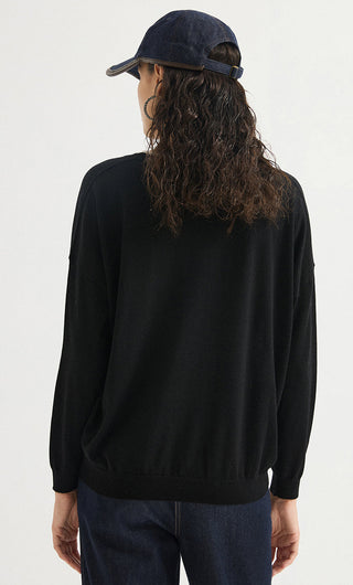 Black wool fine-knit V-neck sweater shown from back, full-length view