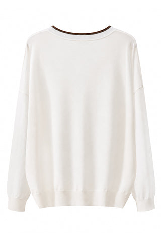 White wool V-neck fine-knit sweater with long sleeves and ribbed cuffs