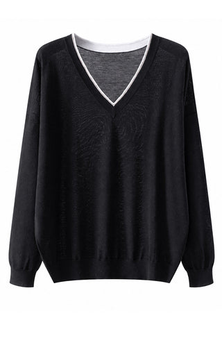 Black wool V-neck fine-knit sweater with long sleeves and ribbed hem
