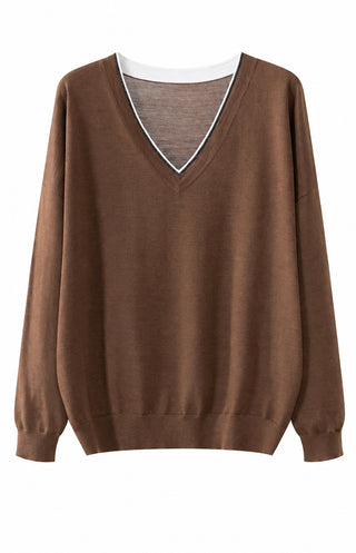 Brown wool V-neck fine-knit sweater with long sleeves and ribbed cuffs