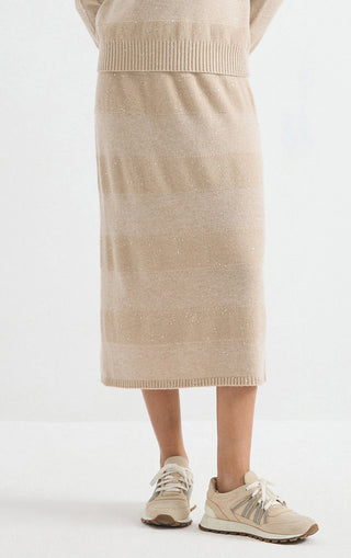 Wool Sequin-Knit Midi Skirt – Taupe – three-quarter skirt view