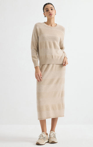 Wool Sequin-Knit Midi Skirt – Taupe – full-length model view