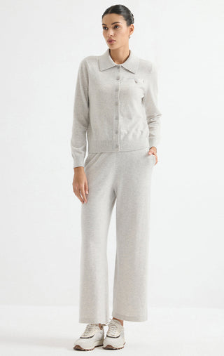 Light grey cashmere collared cardigan worn with matching wide-leg pants