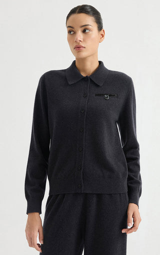 Graphite grey cashmere collared cardigan with button front, long sleeves, and chest pocket