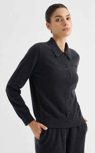 Graphite grey cashmere collared cardigan with button front and long sleeves