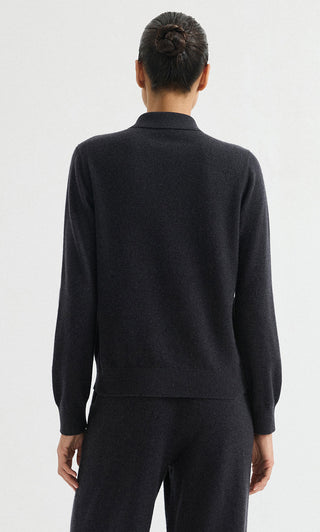 Graphite grey cardigan back view with long sleeves and straight hem