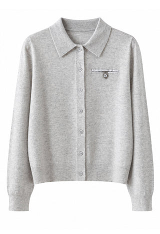 Light grey cashmere collared cardigan with button-front and chest pocket
