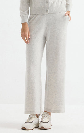 Light grey cashmere wide-leg knit pants with buttoned front and pull-on waistband