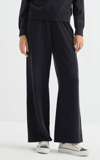 Graphite grey cashmere wide-leg knit pants with full-length straight wide legs