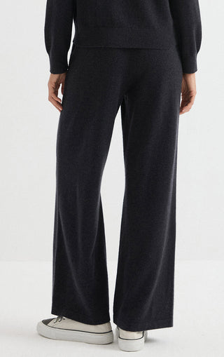 Graphite grey cashmere wide-leg knit pants with draped fit and wide hem