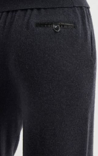 Graphite grey cashmere pants with waistband placket and heart-shaped button