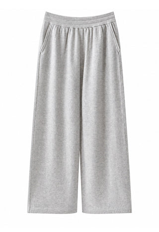 Light grey cashmere wide-leg knit pants, flat lay with elastic waistband