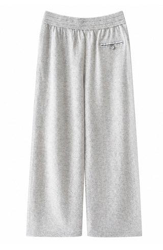 Light grey cashmere wide-leg knit pants with small chestnut-tone button detail