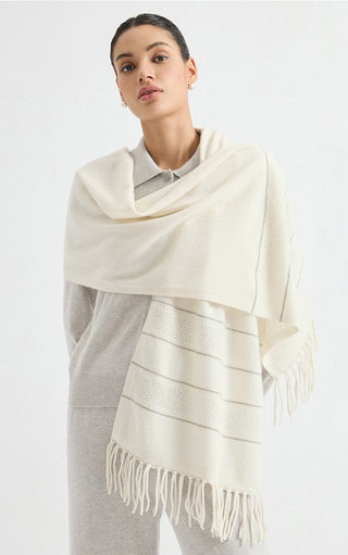 Ivory cashmere shawl wrap with openwork stripe pattern and tassel fringe on ends