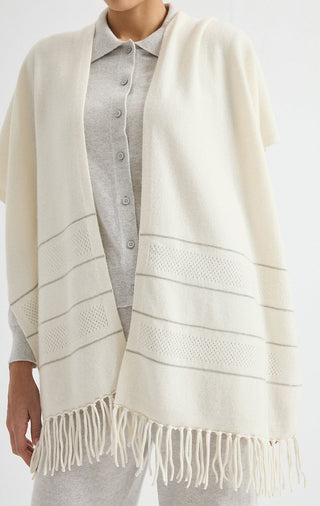 Ivory cashmere wrap with striped openwork panels and long fringe edging