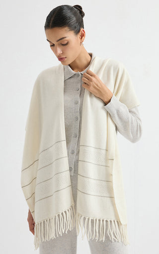 Ivory cashmere wrap with openwork stripe bands and fringe trim