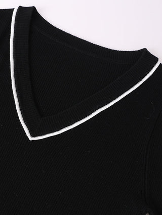 Wool Women's V-Neck Half Sleeve Ribbed Top