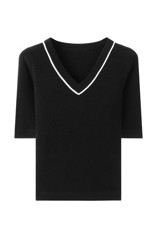 Wool Women's V-Neck Half Sleeve Ribbed Top
