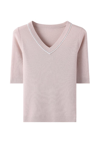 Wool Women's V-Neck Half Sleeve Ribbed Top