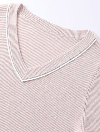 Wool Women's V-Neck Half Sleeve Ribbed Top