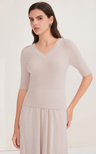 Wool Women's V-Neck Half Sleeve Ribbed Top