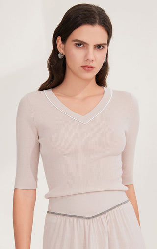 Wool Women's V-Neck Half Sleeve Ribbed Top