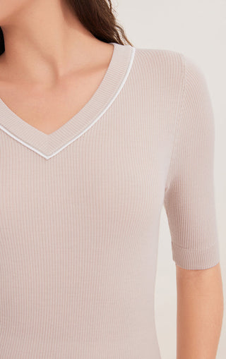 Wool Women's V-Neck Half Sleeve Ribbed Top