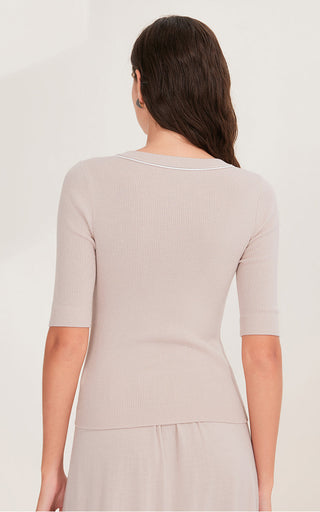 Wool Women's V-Neck Half Sleeve Ribbed Top