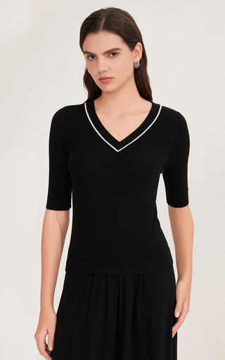 Wool Women's V-Neck Half Sleeve Ribbed Top