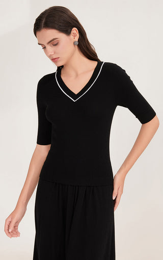 Wool Women's V-Neck Half Sleeve Ribbed Top