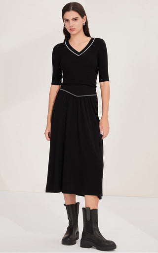 Wool Women's V-Neck Half Sleeve Ribbed Top