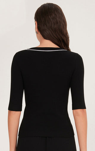 Wool Women's V-Neck Half Sleeve Ribbed Top