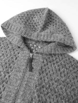 Gray openwork zip cardigan back close-up with zipper pull