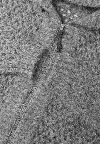 Gray openwork cardigan zipper close-up with metal pull