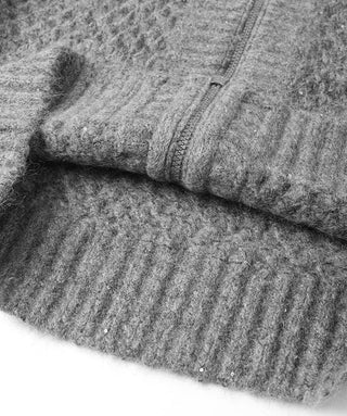 Gray cardigan sleeve cuff close-up with ribbed knit and zipper track