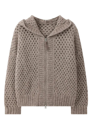 Camel alpaca-blend openwork zip cardigan, flat lay showing hood and front zipper placket
