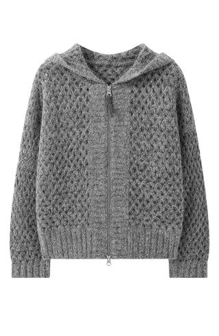 Gray openwork zip cardigan laid flat, long sleeves, ribbed cuffs
