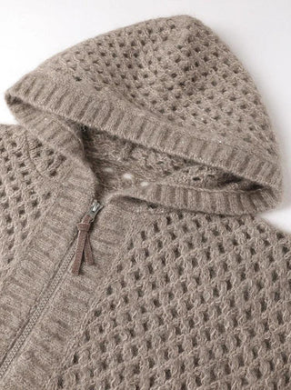 Camel openwork knit cardigan close-up of hood edge and zipper, textured diamond pattern