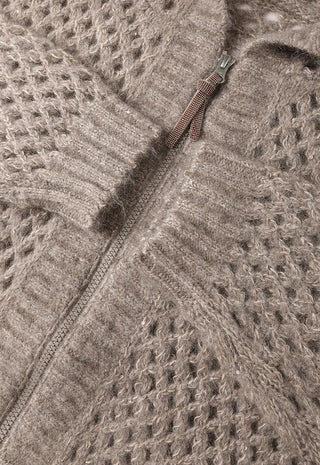 Camel openwork zip cardigan close-up of zipper track and raised knit detail