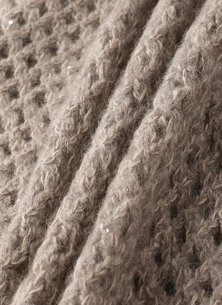 Camel openwork knit cardigan close-up of fuzzy texture and diamond-shaped holes