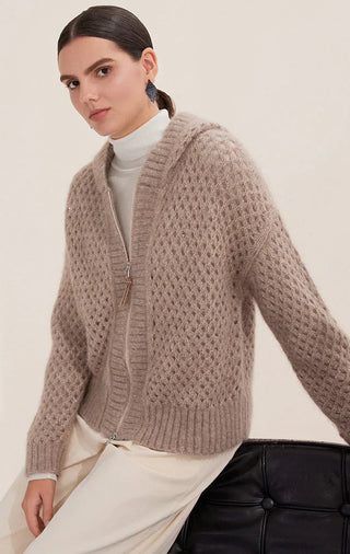 Camel alpaca-blend openwork zip cardigan, angled front with zipper and textured knit pattern