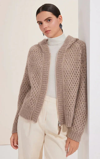 Camel alpaca-blend openwork zip cardigan, front view with hooded collar and ribbed cuffs